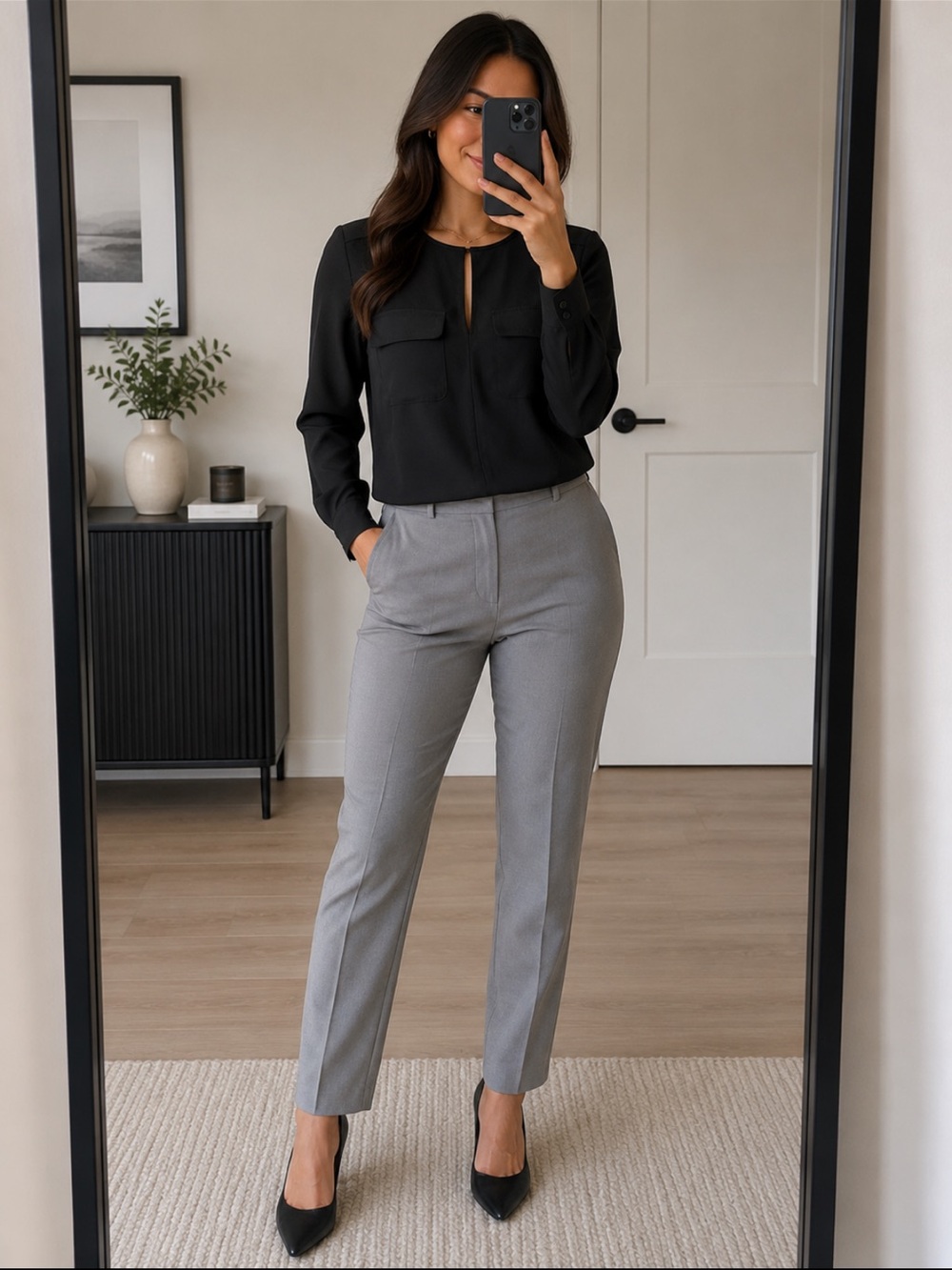 Banana Republic Black Long-Sleeve Pocket Blouse with Keyhole